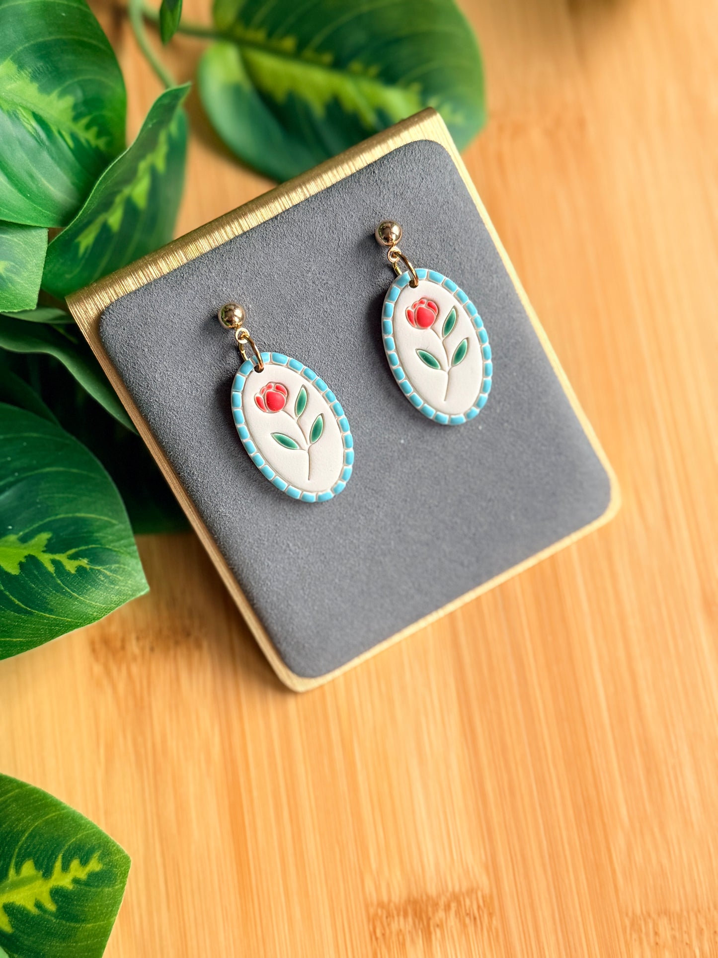 Teal Frame Tulip Earrings | Polymer Clay Earrings
