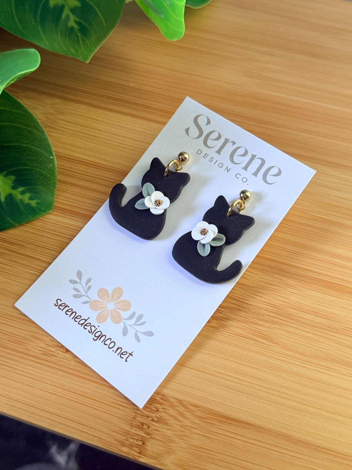 Floral Black Cat Dangles