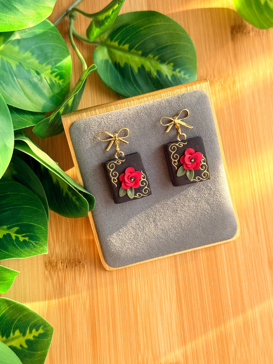 Ornate Framed Floral Book Earrings | Polymer Clay Earrings